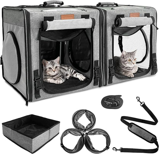 PETUX 2-in-1 Double Cat Carrier for Multiple Cats - Large Cat Travel Carrier with Litter Box, Play Tunnels, and Hammock - Portable Pet Carriers for Long Car Trips ＆ Vet Visit (34"x17"x17", Grey)