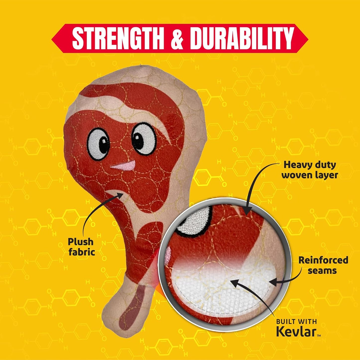 Bite Force - Durable & Strong Dog Toy Ribby with Squeaker, Kevlar-Reinforced Seams for Aggressive chewers- Red.