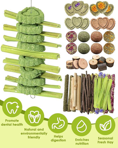 68pcs DIY Rabbit Chew Toys,Rabbit Toy for Bunnies Boredom Bunny Toys for Teeth, Timothy Stick, Apple Sticks, Sweet Bamboo, for Guinea Pig, Hamster, Chinchilla, Rat, Small Animals