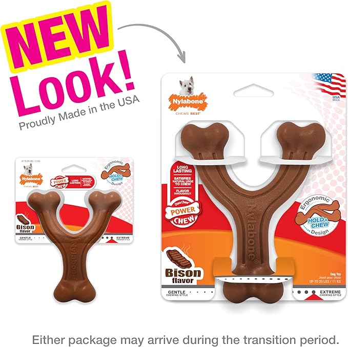 Nylabone Ergonomic Hold Wishbone Power Chew Toy for Dogs, Dog Toys for Aggressive Chewers, Bison Flavor, Small - Up to 25 Ibs, 1 Count