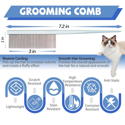Grooming Pet Comb Rat Tail Dematting Cat and Dog Comb，Rounded Ends Design for Safe Tangle Removal, Hairstyling, Massage，Loose Hair Removal，Prevent Irritation，Fluffing Paws,Face,Tail,Remove Tear Stain