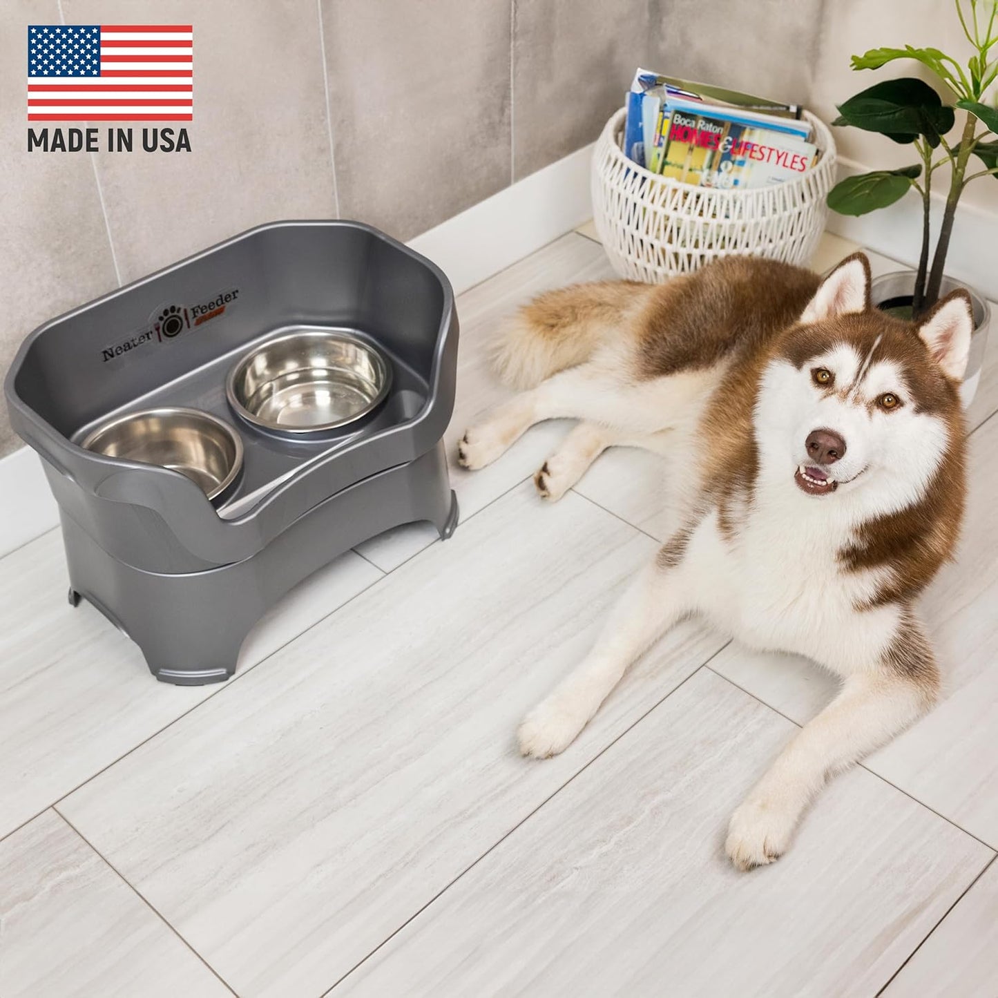 Neater Feeder Deluxe Mess Proof Dog Bowls Elevated for Large Breeds – Made in USA – No Spill Raised Slow Feeder Elevated Dog Bowl Stand, Stainless Steel Food and Water Bowl Set, Grey