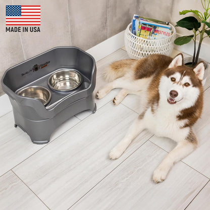 Neater Feeder Deluxe Mess Proof Dog Bowls Elevated for Large Breeds – Made in USA – No Spill Raised Slow Feeder Elevated Dog Bowl Stand, Stainless Steel Food and Water Bowl Set, Grey