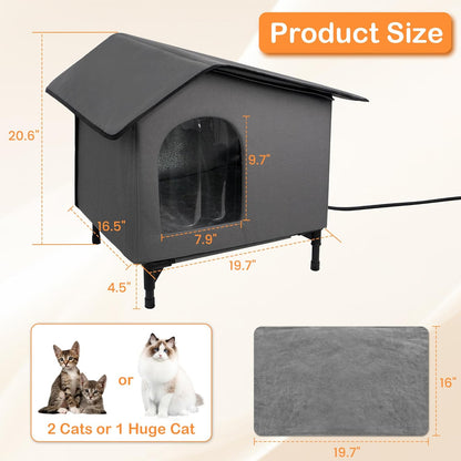 Heated Cat House for Outside/Indoor Cats in Winter,Elevated Outdoor Cat House with Heating Pad Bed,Weatherproof Feral Cats Shelter with Soft Mat (Heat Gray)