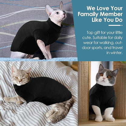 SUNFURA Turtleneck Sweater for Cat, Sphynx Cats Shirt Hairless Cat Sweaters with Sleeves, Warm and Soft Kitten Pullover Fleece Winter Pajamas Jumpsuit for Puppy Cats, Black S