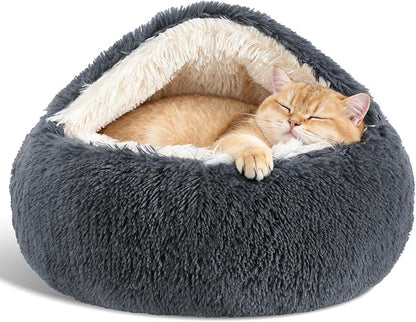 Calming Dog Beds & Cat Cave Bed with Hooded Cover,Removable Washable Round Beds for Small Medium Pets,Anti-Slip Faux Fur Fluffy Coved Bed for Improved Sleep,Fits up to 15/25 lbs(Dark Grey,20"x20")