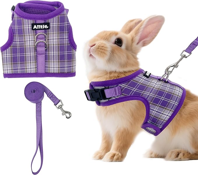 AIITLE Bunny Harness and Leash Set Escape Proof - Magic Tape Design, Lightweight Plaid Pattern Mesh Padding, No Choke No Pull for Puppy Cat Rat Squirrel Ferret, Outdoor Walking Running, Purple S