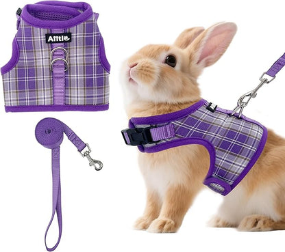 AIITLE Bunny Harness and Leash Set Escape Proof - Magic Tape Design, Lightweight Plaid Pattern Mesh Padding, No Choke No Pull for Puppy Cat Rat Squirrel Ferret, Outdoor Walking Running, Purple S