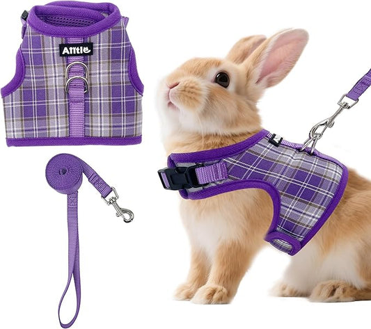 AIITLE Bunny Harness and Leash Set Escape Proof - Magic Tape Design, Lightweight Plaid Pattern Mesh Padding, No Choke No Pull for Puppy Cat Rat Squirrel Ferret, Outdoor Walking Running, Purple S