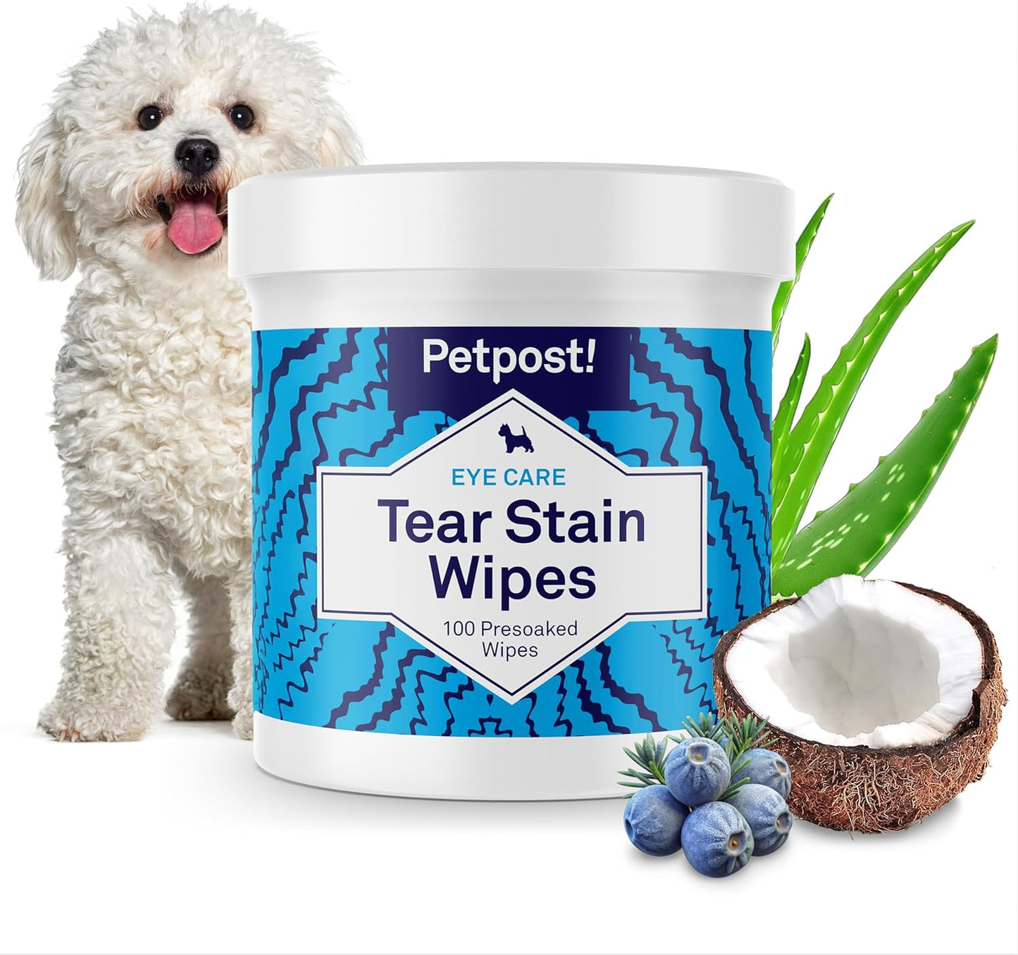 Petpost Tear Stain Remover Wipes for Dogs | 100 Count Gentle Eye Wipes with Juniper Berry & Coconut | Dog Face Wipes for Tear Stains & Eye Discharge | Soft Cotton Pads, Bleach Free
