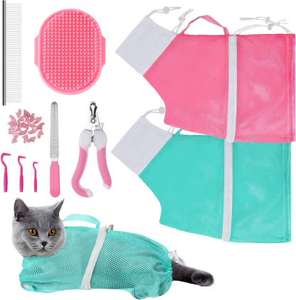 JULMELON Cat Washing Bag 10 PCS Set, Adjustable Cat Shower Net Bag and Pet Grooming Brush with Nail Clipper Nail File Hair Combs Tick Tool Nail Caps for Bathing Nail Trimming Examination(Pink+Green)