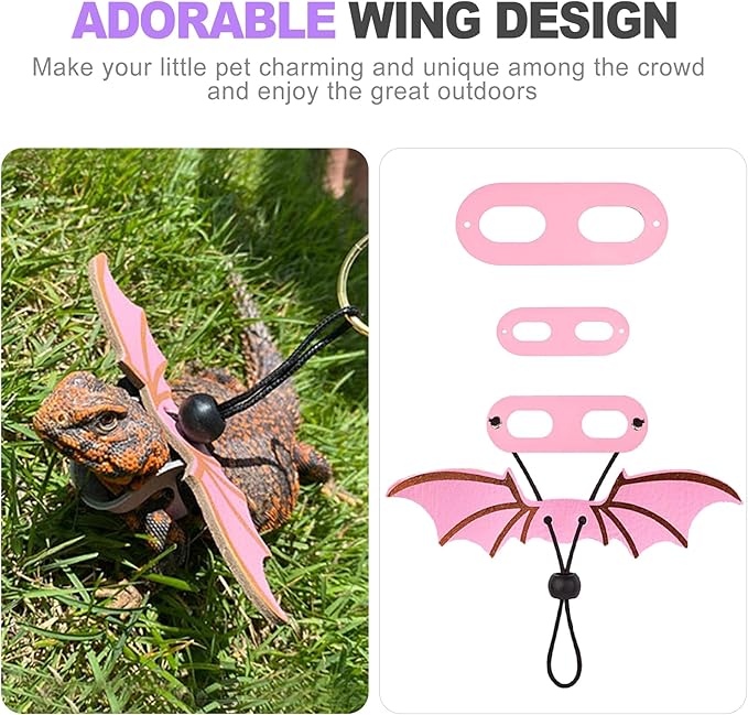 3 Sizes Adjustable Soft Leather & Nylon Bearded Dragon Harness and Leash Set Reptile Lizard Leashes for Outdoor Walking-Pink