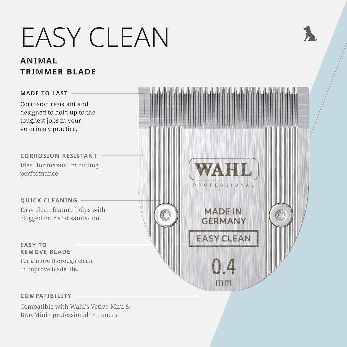 Wahl Pro Animal Easy Clean Trimmer Blade - Replacement Cat & Dog Grooming Clipper Blade - Compatible with Vetiva Mini & BravMini+ - 0.4 mm Cut Length