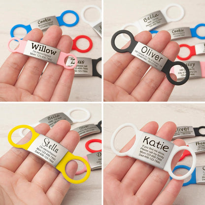 Anavia Slide On Silent Pet ID Tags, S/M/L/XL Personalized Multi-Color Silicone Band Cat Dog Name Tags, Customized Engraved Stainless Steel, Chew-Proof Quiet Dog Collar Tags (Small, Blue)