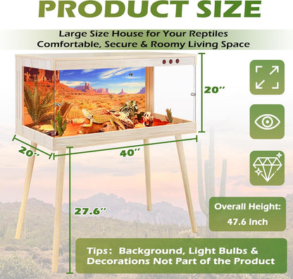 Royxen Tempered Glass Bearded Dragon Tank,65 Gallon Reptile Tank with Leg Stand,Built-in Lighting Reptile Enclosure Scartch-Proof Bearded Dragon Encloure for Chameleon,Snake,Lizard(Oak,40"x 20"x 20")