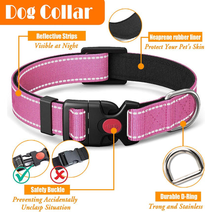 No Pull Dog Harness, Collar & Leash Set | Includes Dog Seat Belt, Collapsible Bowls & Poop Bag Dispenser. Ideal for Training, Walking, Hiking. Fits Small to Large Dogs(Pink-XL)