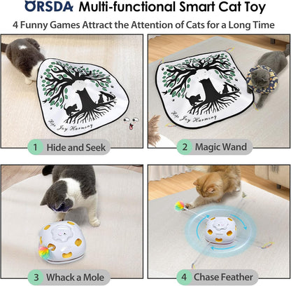 ORSDA Cat Toys for Indoor Cats 4 in 1 Interactive Automatic Cat Toys for Bored Indoor Adult Cats Kitten Toy Rechargeable 8 Hole Mice Whack-A-Mole, Hide and Seek, Moving Feather, 5PCS DIY Replacement