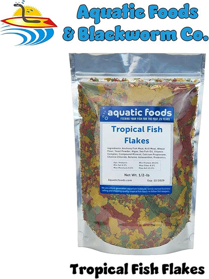 Aquatic Foods Inc. Premium Community Tropical Fish Flakes. All-Around Flakes for Tetras, Livebearers, Anglefish, Cichlids, Goldfish, Guppies 2-Type Pellet Mix & 4-Type Wafers Included...1/2-lb Bag