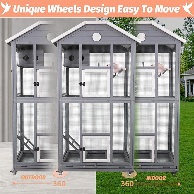 Outdoor Bird Cage Large, Wooden Flight Aviary with Perches, Nest Habitat, and Easy-Clean Pull Out Tray for Parakeets, Macaws, and More