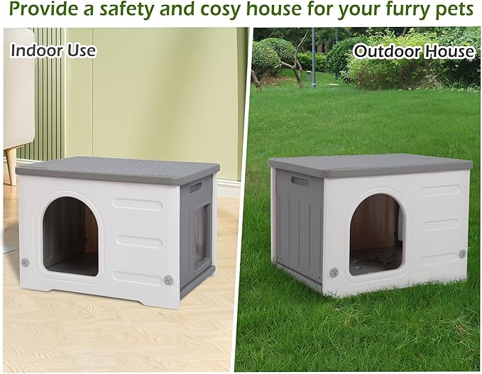 Waterproof Cat House for Outdoor Cats, Plastic Feral Cat House with Escape Door and Soft Mat, Large Indoor Cat House for Mutiple Cats - Grey