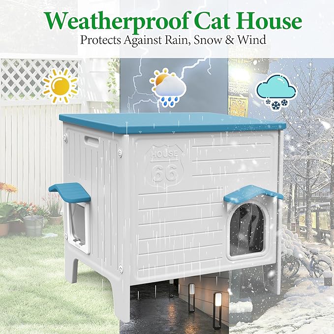 Outdoor Cat House Weatherpoof Large Plastic Cats Houses with Escape Door Indoor Waterproof Feral/Pet Cat Shelter Outside for Multiple Cats (Blue)