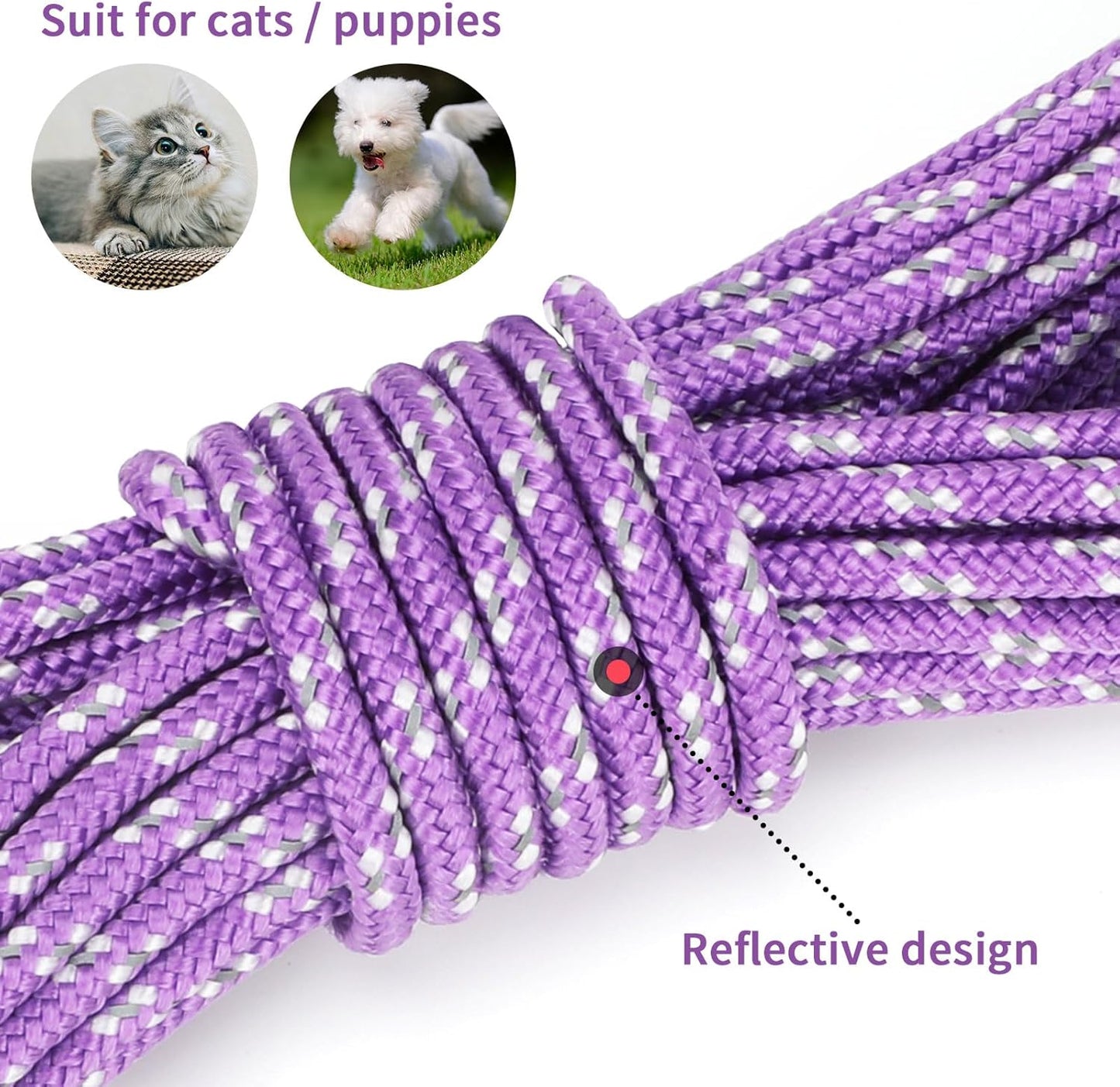 Rypet Reflective Cat Long Leash - 30 FT Escape Proof Walking Leads Yard Long Leash Durable Safe Personalized Extender Leashes Traning Play Outdoor for Kitten, Puppy, Rabbit and Small Animals(Purple-M)