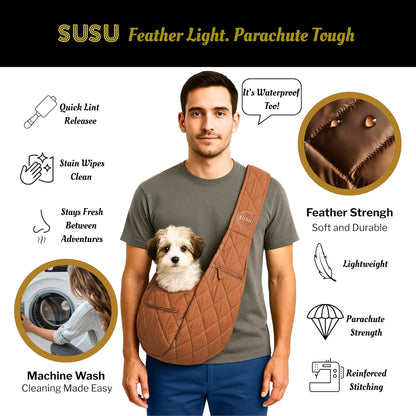 Small Dog Carrier Sling – Copper Brown Hands‑Free 2‑in‑1 Cross‑Body & Handheld Pet Sling for Small Toy Dogs up to 3-8 lb, Parachute‑Grade Rip‑Stop Nylon, Padded Strap & Safety Tether