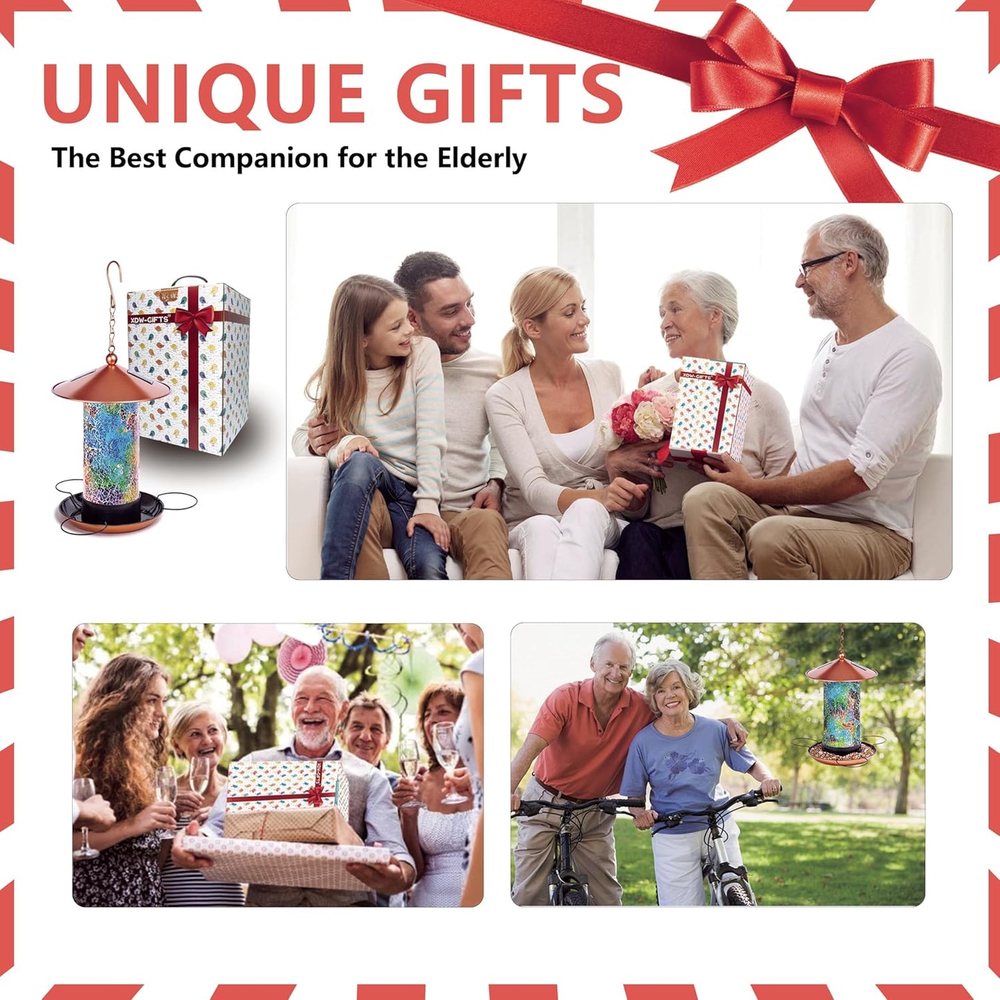 XDW-GIFTS Mosaic Solar Wild Bird Feeder, Waterproof Lantern Shape with S-Hook & 4 LED Lights, Garden Decor for Lawn, Patio, Balcony, Yard Ornament - Unique Gifts for Mom, Women, Grandma, Bird Lovers