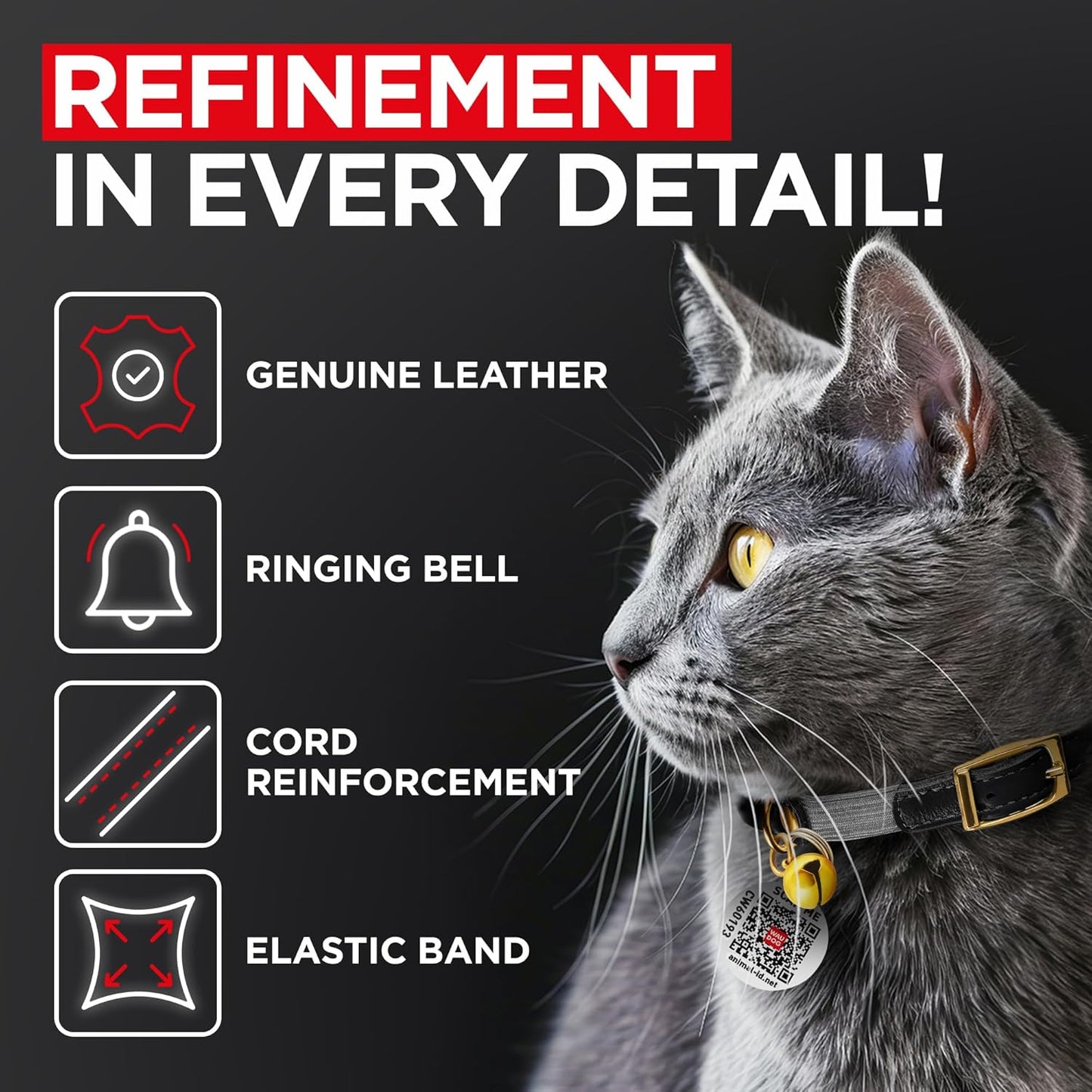 WAUDOG Ultra Soft Rolled Leather Cat Collar with Removable Bell, Safety Elastic Strap and QR ID Tag - Soft Padded for Small, Medium, and Large Cats - Round Kitten Collar for Male and Female Cats