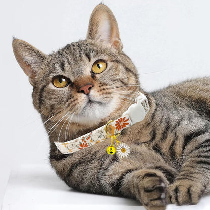2 Pack Cotton Breakaway Cat Collars Set with Bell and Flower Pendant, Cute Floral Fruit Patterned, Adjustable 7.5-11Inch, Include A Mouse Toy Gift