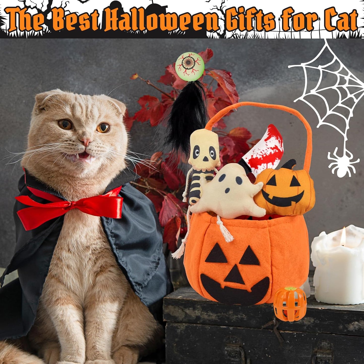 7PCS Halloween Cat Toys, Cat Catnip Toys Plush Teething Toys, Horrible Halloween Cat Ghost Chew Toys for Kitten Cats