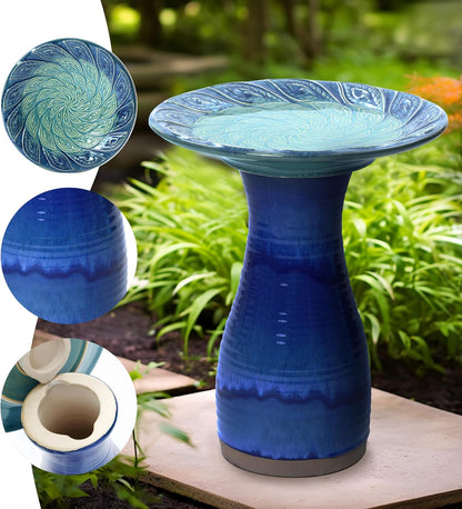 LuxenHome 20 Inch Ceramic Bird Bath for Outside, Elegant Tall Outdoor Bird Bath, Lightweight Pedestal Glazed Birdbaths for Outdoors with Leaf Pattern, Deep Cobalt Blue