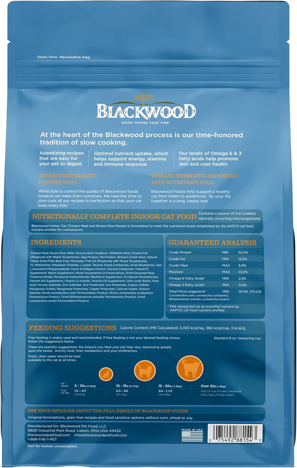 Blackwood Dry Cat Food, Indoor Formula, Chicken Meal & Brown Rice Recipe, 4 Pound Bag, High Protein, Slow Cooked
