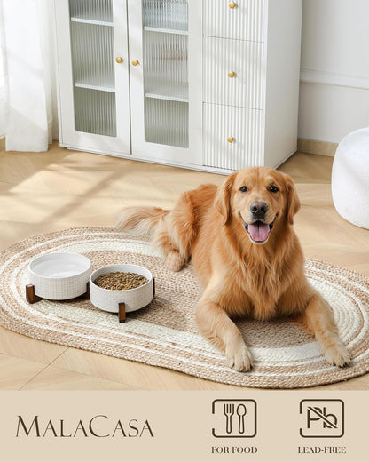 MALACASA Dog Bowl Set with Walnut Wood Stand, 6 Cups Ceramic Pet Bowls for Puppy Dogs, Dual Food and Water Bowls with Weighted Non-Slip Base, Basic Bowls for Your Dog, Rhombic & Polka Dots