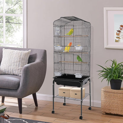 Extra Large Bird Cage, 54" Rolling Breeding Flight Bird Cages w/ 360° Wheels, Open Play Top Bird Cage with Detechable Stand for Parrots, Caiques, Macaw (Black)