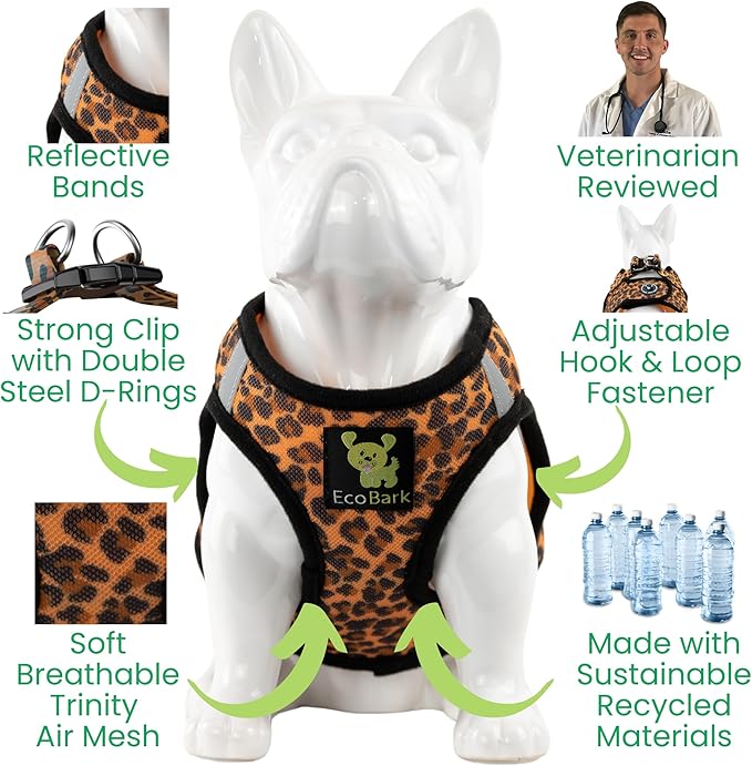 EcoBark Step in Dog Harness - Eco-Friendly Small Breed Dog Harnesses for XS and Small Dogs - Reflective and Adjustable Mini Body Halter Vest - Soft Mesh Toy Breed Harness (Cheetah,Small)