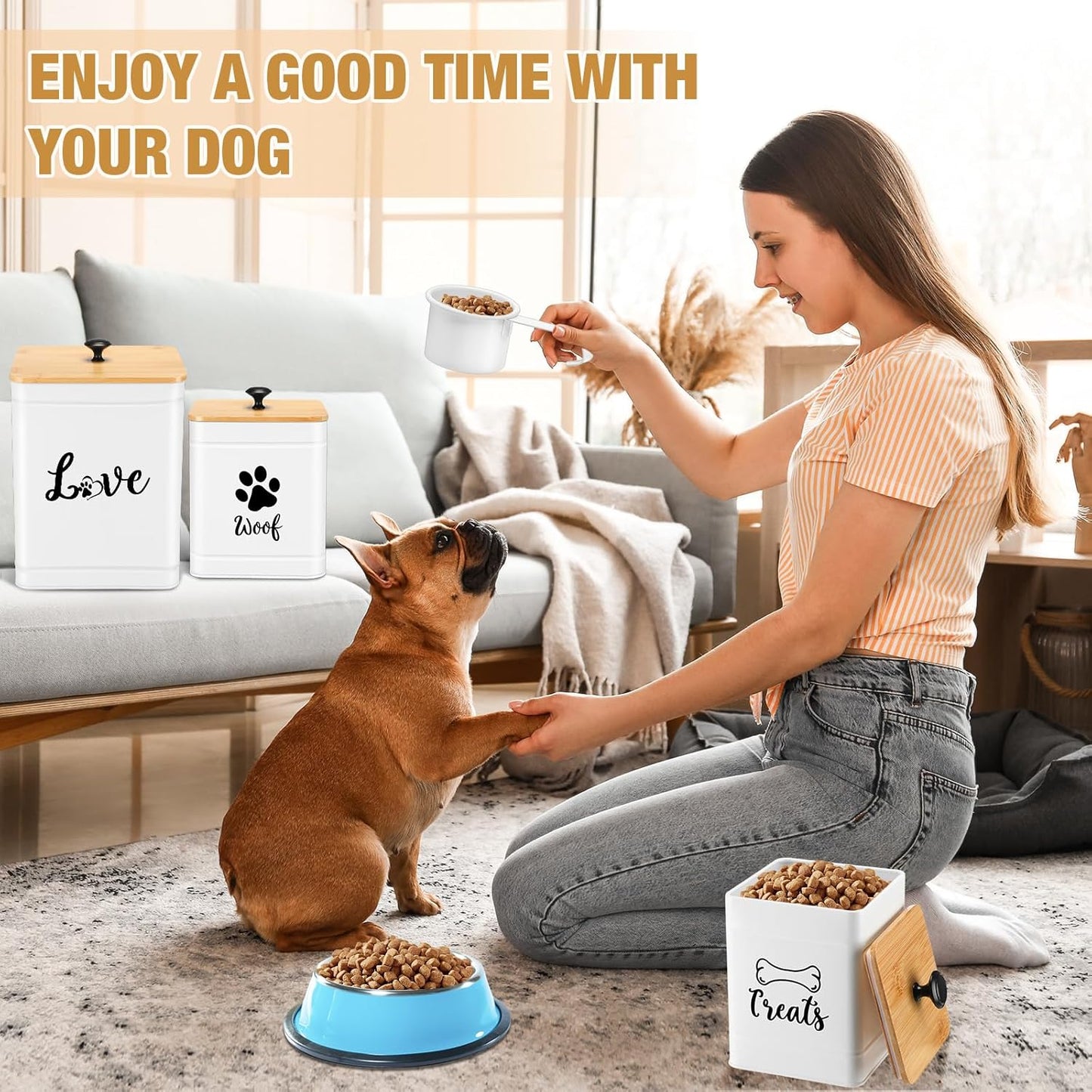 Metal Dog Treat Containers Set of 3 with Bamboo Lids and Spoon Airtight 7+3+2 lbs Dog Food Snack Jars with DIY Labels Big Pet Cookie Storage Jar for Kitchen Counter(White,Modern)