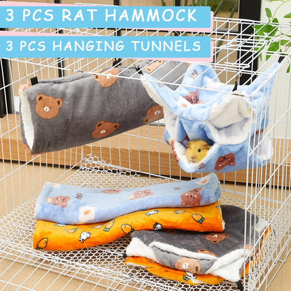 Sweetude 6 Pcs Rat Hammock Set Ferret Hanging Tunnel 3 Tier Guinea Pig Hammocks Hideout Soft Chinchilla Bed for Cage Accessories Hide,Play and Sleep (Sun,Bear)