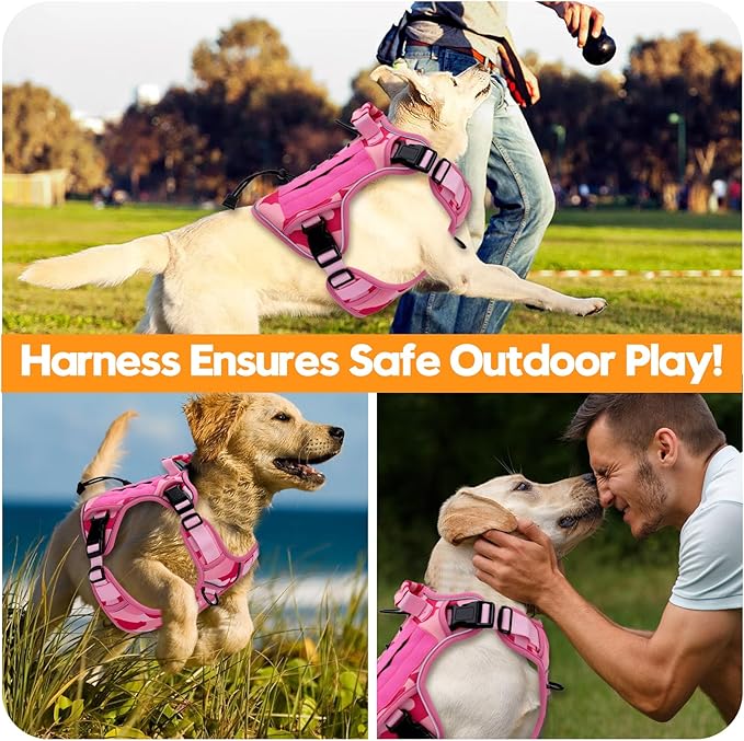 Heavy-Duty Tactical Dog Harness for Large Dogs, No Pull Adjustable Reflective Pet Vest with Molle System, K9 Military-Grade Control for Service Training, Outdoor & 10+ Breeds, Pink Camo, XX-Large