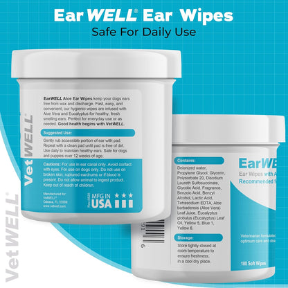 EarWELL by VetWELL Dog Ear Wipes - Otic Cleaning Wipes for Infections and Controlling Ear Odor in Pets - 100 Count