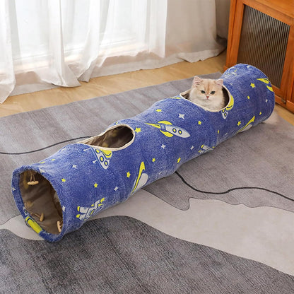Glowing Astronaut Pattern Cat Tunnel - Collapsible with Plush Balls, Ideal for Indoor Cats, Rabbits, Kittens, Ferrets & Puppies (Blue)