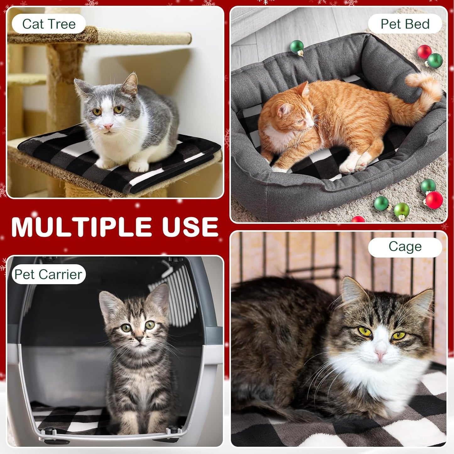 2 Pack Self Warming Cat Bed Self Heating Dog Pad Cat Warming Pad Thermal Pet Mat Washable Reflect Body Heat Removable Cover for Indoor Kittens Puppies (Black White Plaid,16 x 20 Inch)