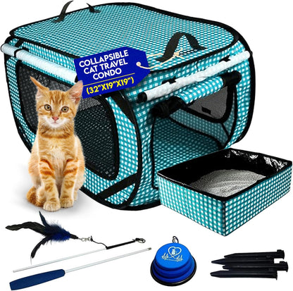 Pet Fit For Life Extra Large Cat Carrier for Travel - Foldable & Portable Collapsible Kennel with Litter Box, Feather Toy & Water/Food Bowl - Ideal for Cars, Long Trips & Indoor Cats - Teal Checkers