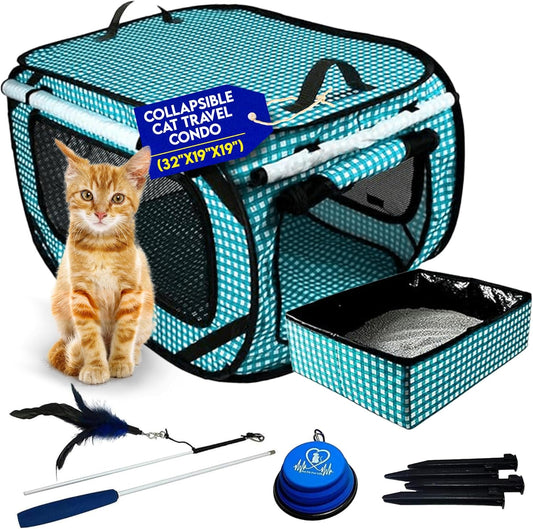 Pet Fit For Life Extra Large Cat Carrier for Travel - Foldable & Portable Collapsible Kennel with Litter Box, Feather Toy & Water/Food Bowl - Ideal for Cars, Long Trips & Indoor Cats - Teal Checkers