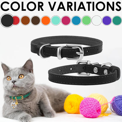 BRONZEDOG Leather Cat Collar with Removable Bells Non Breakaway Kitten QR Tag for Girl Boy (9" - 12" Cats/Mini Dogs, Black & Silver)