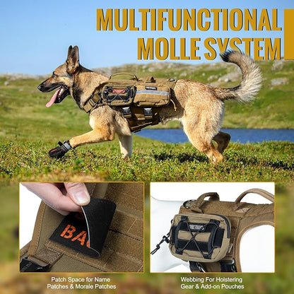 OneTigris Tactical Large Dog Harness, 5X Metal Buckled No Pull Service Dog Harness Vest with Hook & Loop Panels, Military Heavy Duty Dog Vest for Walking Hiking Training