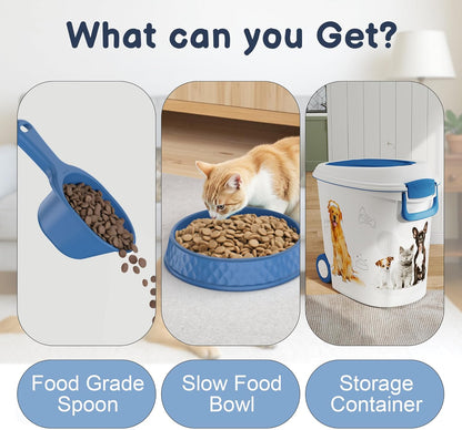 Pet Food Storage Container with Scoop & Slow Feeder Bowl – 40LB Large Capacity Dog Cat Food Dispenser, Durable Resin Dry Kibble Keep Food Fresh Organizer for Dogs Cats Birds, Blue