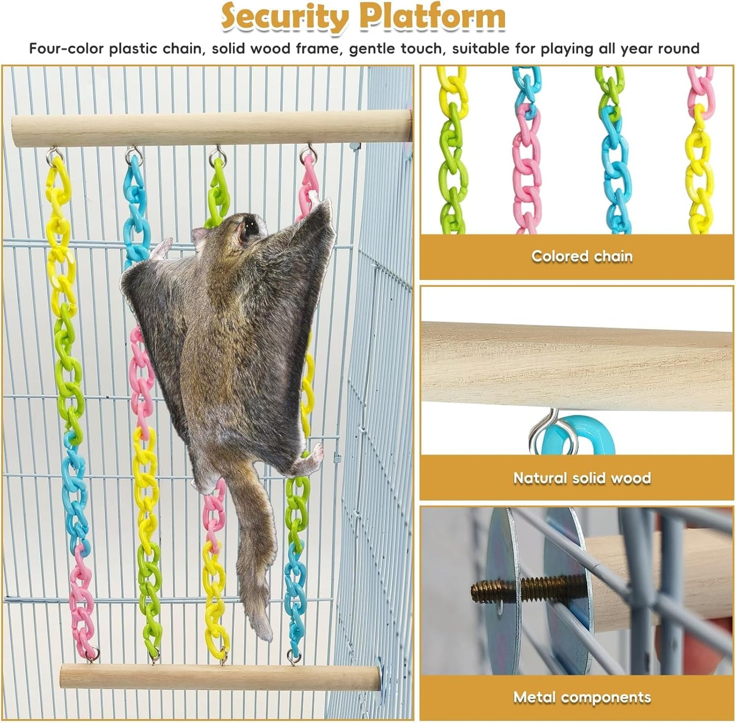 PINVNBY 2 Pack Sugar Glider Climbing Toys,Natural Wood Sugar Glider Cage Accessories with Colorful Plastic Chains, Hanging Rat Enrichment Toys Without Swaying for Hamsters and Parrots