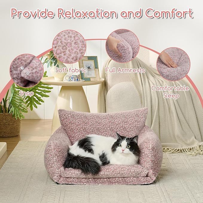 Hollypet Cat Bed Fluffy Plush Mutifuctional Double-Layer Soft Pet Couch Orthopedic Sofa Nest Beds for Small Cats and Dogs, Pink Leopard (25x20x13 inch)