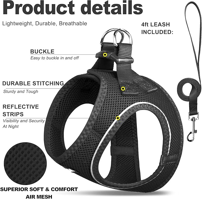 Fida Comfy Dog Harness with Leash, Soft Puppy Vest Escape Proof, Breathable Lightweight Soft Mesh, Adjustable Reflective Step-in Harness for Small Pet Walking (S, Black)